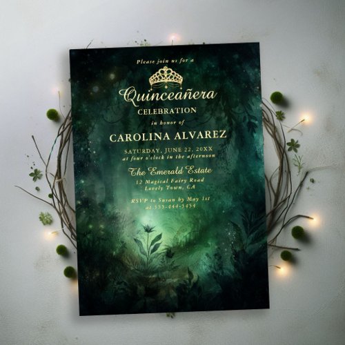 Enchanted Forest Emerald Gold Tiara Quinceanera Foil Invitation