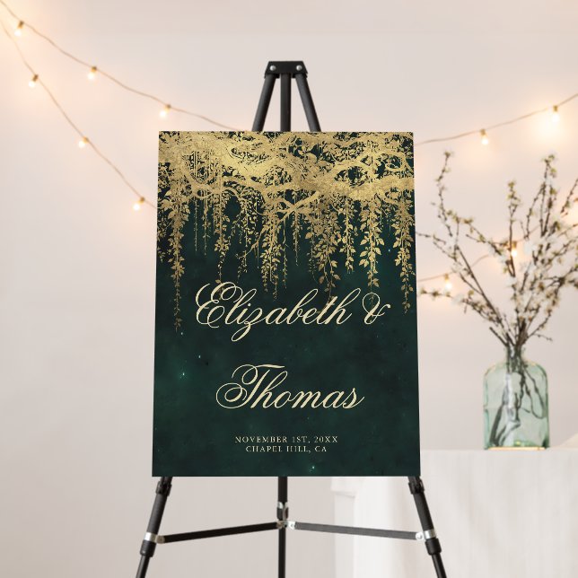 Enchanted Forest Emerald Gold Vine Wedding Welcome Foam Board (In Situ (Stand))