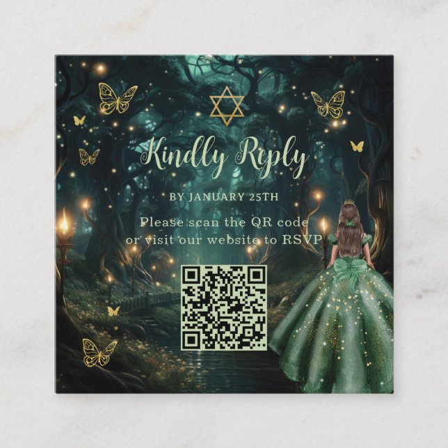Enchanted Forest Emerald Green Bat Mitzvah QR RSVP Enclosure Card (Front)