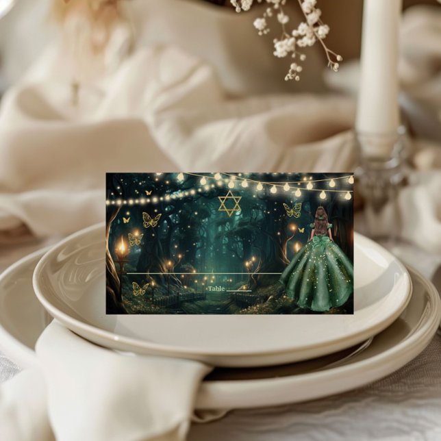 Enchanted Forest Emerald Green Dress Bat Mitzvah Place Card (enchanted forest emerald green dress starry night fairy lights bat mitzvah tent folded place cards )