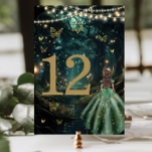 Enchanted Forest Emerald Green Dress Bat Mitzvah Table Number<br><div class="desc">Personalize this coordinating Bat Mitzvah table number card easily and quickly. Simply click the Edit Using Design Tools button to further edit the text, change font styles and font colors. Featuring a girl dressed in an emerald green dress and an enchanted forest background. The butterflies, girl and star of David...</div>