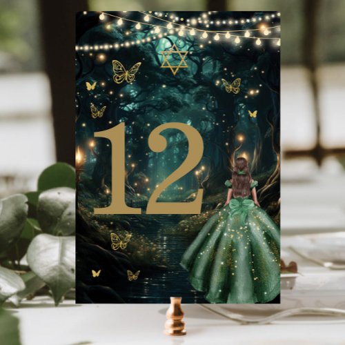 Enchanted Forest Emerald Green Dress Bat Mitzvah Table Number