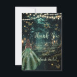 Enchanted Forest Emerald Green Dress Bat Mitzvah Thank You Card<br><div class="desc">Personalize this enchanting Bat Mitzvah thank you card easily and quickly. Simply click the Edit Using Design Tools button to further edit the text, change font styles and font colors. Featuring a girl dressed in an emerald green dress and an enchanted forest background. The butterflies, girl and crown are movable,...</div>