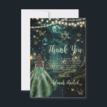 Enchanted Forest Emerald Green Dress Bat Mitzvah Thank You Card<br><div class="desc">Personalize this enchanting Bat Mitzvah thank you card easily and quickly. Simply click the Edit Using Design Tools button to further edit the text, change font styles and font colors. Featuring a girl dressed in an emerald green dress and an enchanted forest background. The butterflies, girl and crown are movable,...</div>