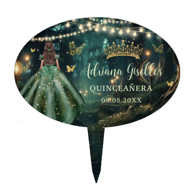 Enchanted Forest Emerald Green Dress Quinceañera Cake Topper (Front)