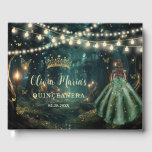 Enchanted Forest Emerald Green Dress Quinceanera Guest Book<br><div class="desc">Cherish your special day for the years to come with a customized guest book. Featuring a girl dressed in an emerald green dress and an enchanted forest background. The butterflies, quince girl and crown are movable, resizable, multipliable and removable. Customize it to suit your occasion. Personalize it with your details...</div>