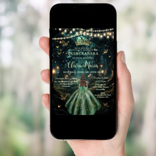Enchanted Forest Emerald Green Dress Quinceañera Invitation (Front Digital)