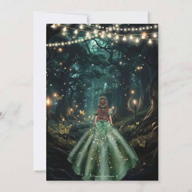 enchanted forest emerald green quince dress Quinceañera Invitation hydrangea