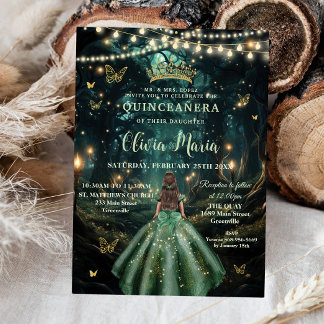 Enchanted Forest Emerald Green Dress Quinceañera Invitation