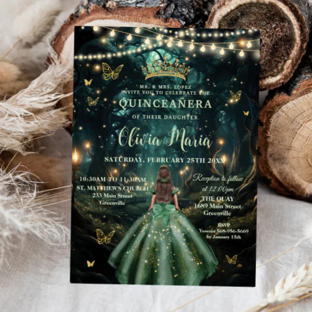 Enchanted Forest Emerald Green Dress Quinceaera Invitation | Zazzle