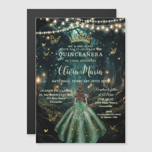 Enchanted Forest Emerald Green Dress Quinceaera Magnetic Invitation