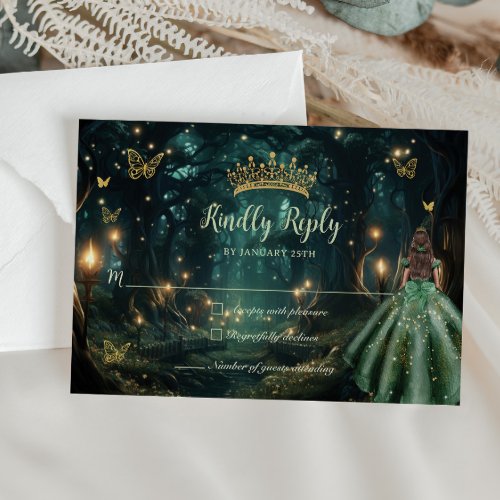 Enchanted Forest Emerald Green Dress Quinceaera  RSVP Card