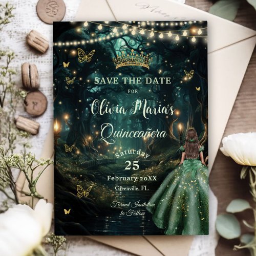 Enchanted Forest Emerald Green Dress Quinceaera Save The Date