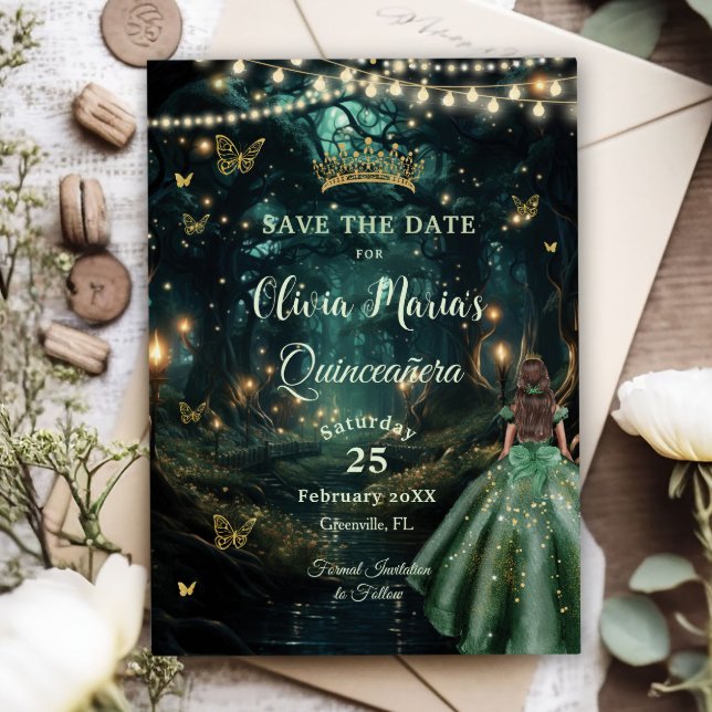 Enchanted Forest Emerald Green Dress Quinceañera Save The Date (Creator Uploaded)