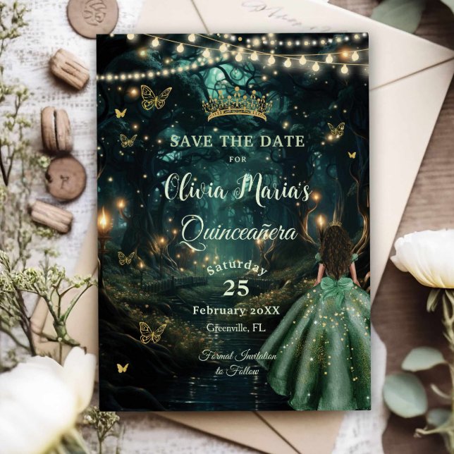 Enchanted Forest Emerald Green Dress Quinceañera Save The Date (enchanted-forest-emerald-green-dress-brown-african-girl-quinceanera-sweet-16-birthday-save-the-date)