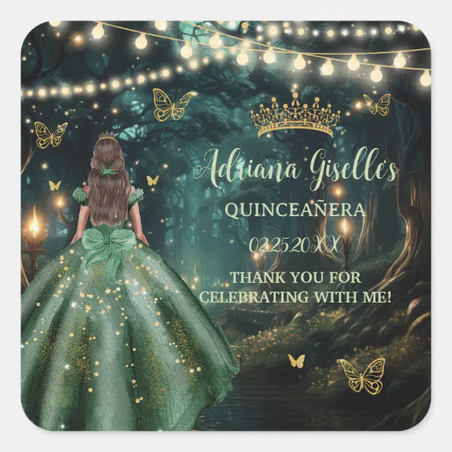 Enchanted Forest Emerald Green Dress Quinceaera Square Sticker | Zazzle