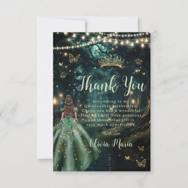 Enchanted Forest Emerald Green Dress Quinceañera  Thank You Card (Front)