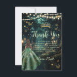 Enchanted Forest Emerald Green Dress Quinceañera  Thank You Card<br><div class="desc">Personalize this enchanting Quinceañera / Sweet 16 birthday thank you card easily and quickly. Simply click the Edit Using Design Tools button to further edit the text, change font styles and font colors. Featuring a girl dressed in an emerald green dress and an enchanted forest background. The butterflies, quince girl...</div>