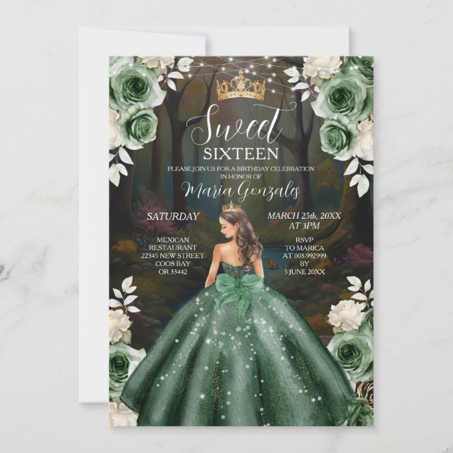 Enchanted Forest Emerald Green Dress Sweet Sixteen Invitation (Front)