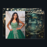 Enchanted Forest Emerald Green Quinceañera Photo Thank You Card<br><div class="desc">Personalize this enchanting Quinceañera / Sweet 16 birthday picture thank you card easily and quickly. Simply click the Edit Using Design Tools button to further edit the text, change font styles and font colors. Featuring a girl dressed in an emerald green dress and an enchanted forest background. The butterflies, quince...</div>