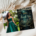 Enchanted Forest Emerald Green Quinceañera Photo Thank You Card<br><div class="desc">Personalize this enchanting Quinceañera / Sweet 16 birthday picture thank you card easily and quickly. Simply click the Edit Using Design Tools button to further edit the text, change font styles and font colors. Featuring a brown girl dressed in an emerald green dress and an enchanted forest background. The butterflies,...</div>
