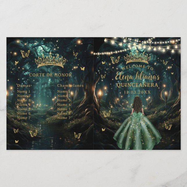 Enchanted Forest Emerald Green Quinceanera Program (Front)