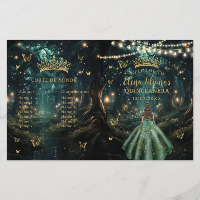 Enchanted Forest Emerald Green Quinceanera Program (Front)