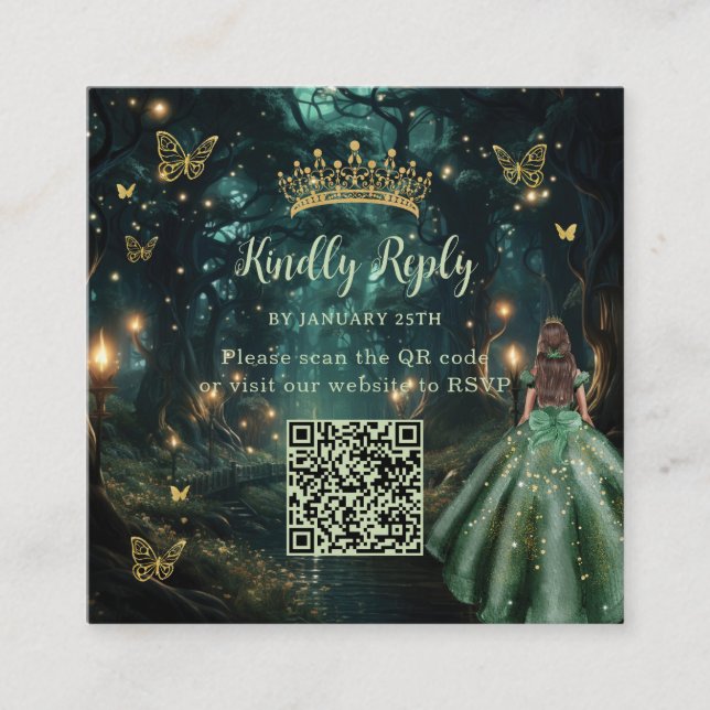 Enchanted Forest Emerald Green Quinceañera QR RSVP Enclosure Card (Front)