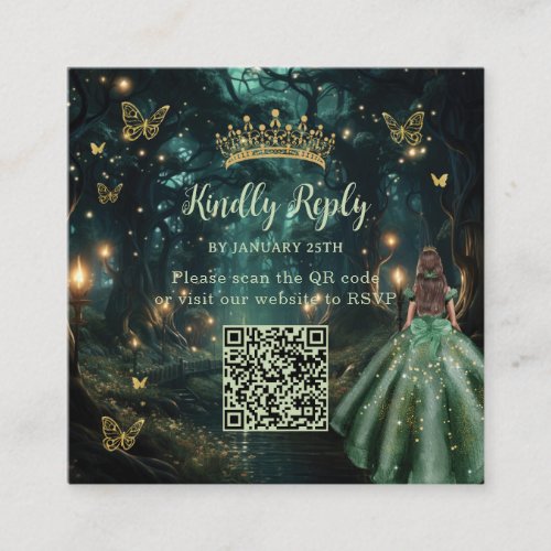 Enchanted Forest Emerald Green Quinceaera QR RSVP Enclosure Card