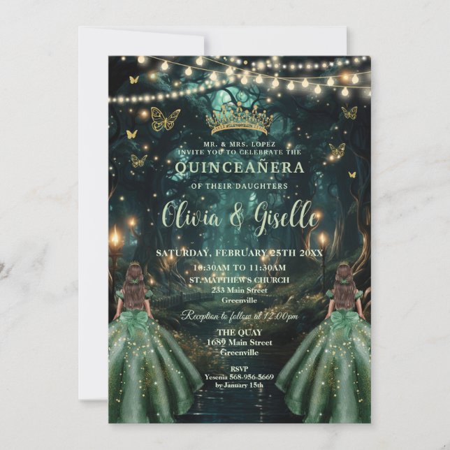 Enchanted Forest Emerald Green Twins Quinceañera Invitation (Front)