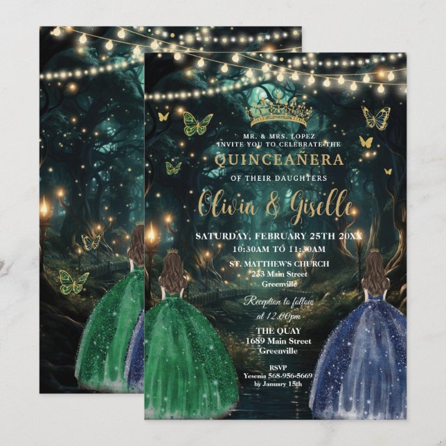 Enchanted Forest Emerald & Navy Twins Quinceañera Invitation (Front/Back)