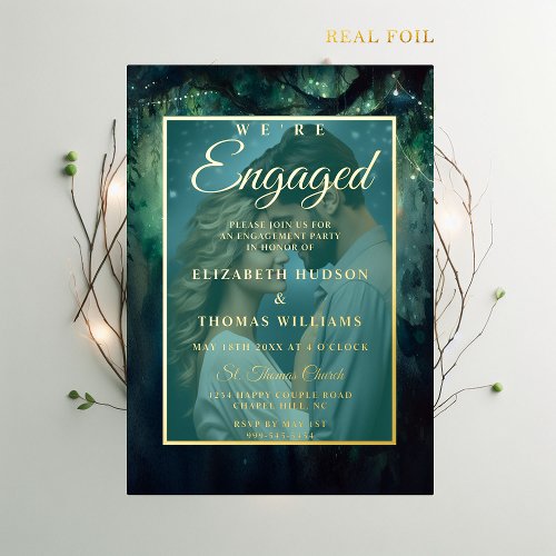 Enchanted Forest Emerald Photo Engagement Party Foil Invitation