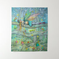 Enchanted Forest Fairy and Mushrooms Fantasy Art Tapestry