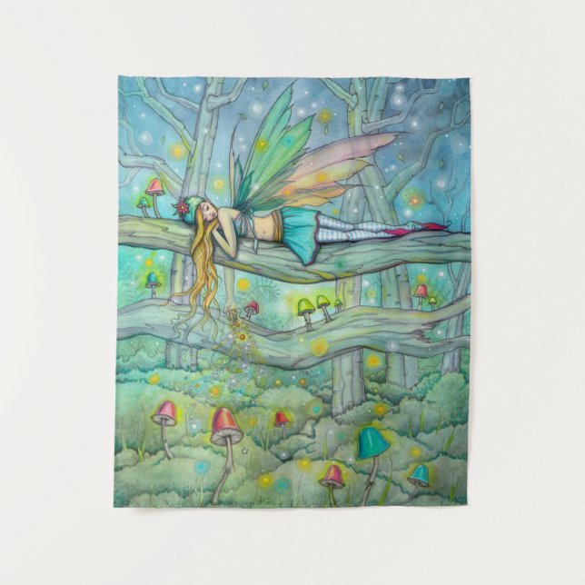 Enchanted Forest Fairy and Mushrooms Fantasy Art Tapestry (Front)
