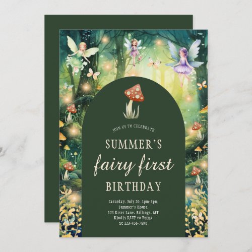 Enchanted Forest Fairy First Girls Birthday Party Invitation
