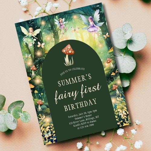 Enchanted Forest Fairy First Girls Birthday Party Invitation