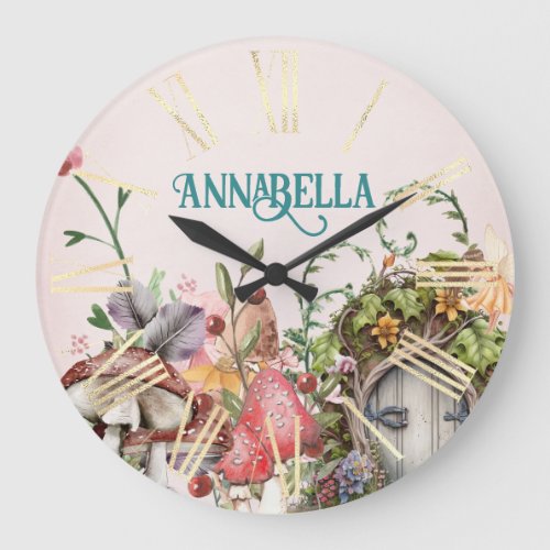 Enchanted Forest Fairy Garden Door on Pink Large Clock