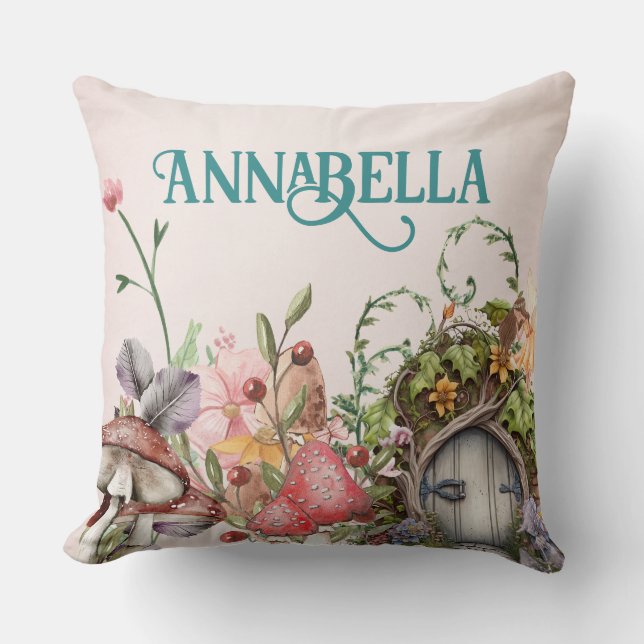 Enchanted Forest Fairy Garden Door on Pink Throw Pillow (Front)