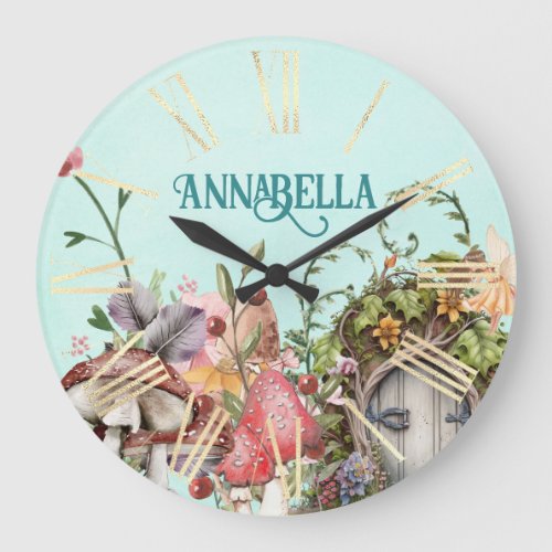 Enchanted Forest Fairy Garden Door on Teal Large Clock