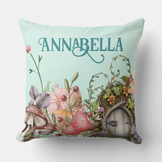 Enchanted Forest Fairy Garden Door on Teal Throw Pillow (Front)