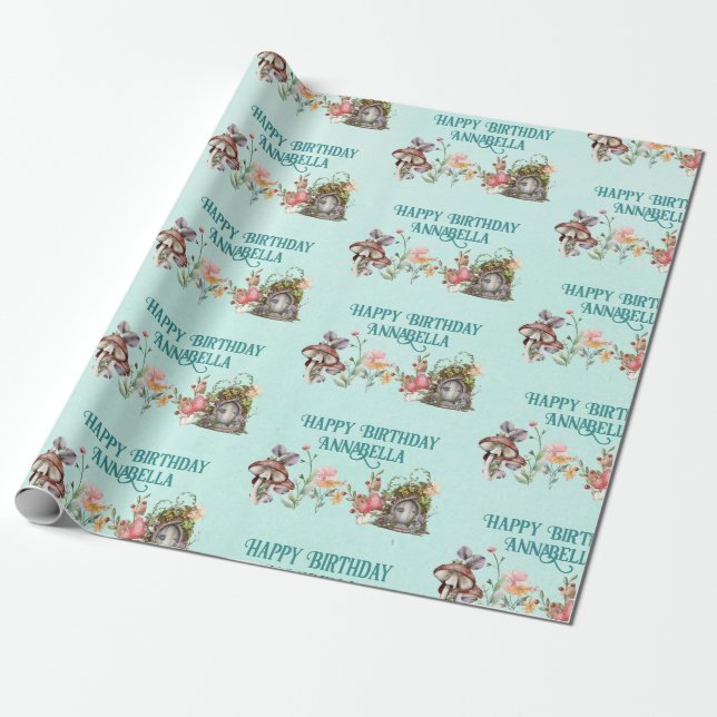 Enchanted Forest Fairy Garden Door on Teal Wrapping Paper (Unrolled)