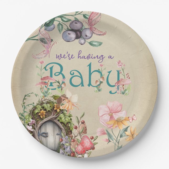 Enchanted Forest Fairy Garden on Faded Parchment Paper Plates (Front)