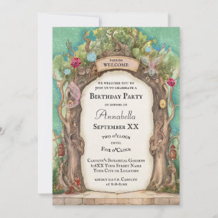 Enchanted Forest Fairy Garden on Glitter Green Invitation