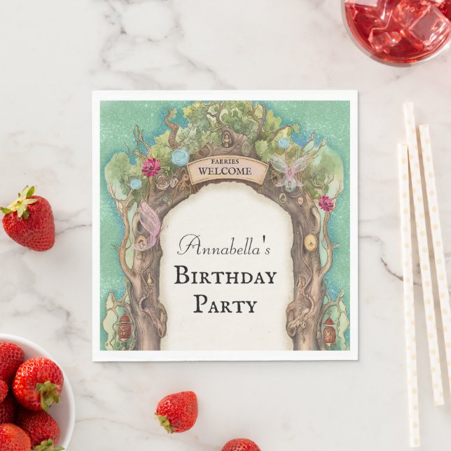 Enchanted Forest Fairy Garden on Green Glitter Napkins (Insitu)