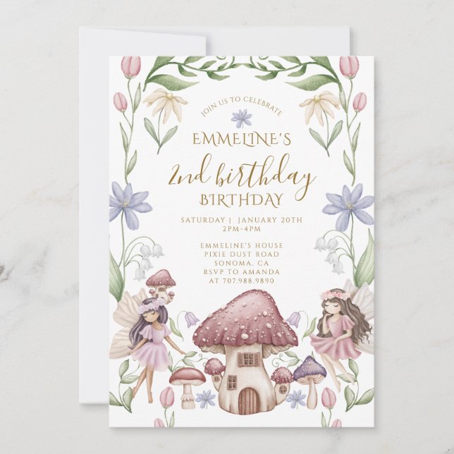 Enchanted Forest Fairy Girl's 2nd Birthday Invitation (Front)