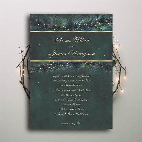 Enchanted Forest Fairy Gold Calligraphy Wedding Invitation