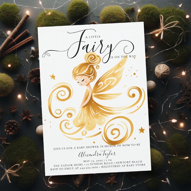 Enchanted Forest Fairy Gold Swirl Baby Girl Shower Invitation (a little fairy girl baby shower invitation enchanted forest garden gold swirls modern minimalist)