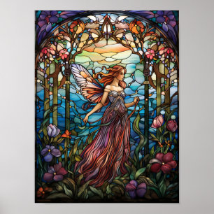 Enchanted Forest Fairy Stained Glass Window Art  Poster