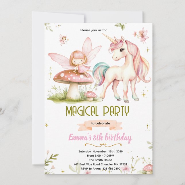 Enchanted Forest Fairy Unicorn Birthday Invitation (Front)
