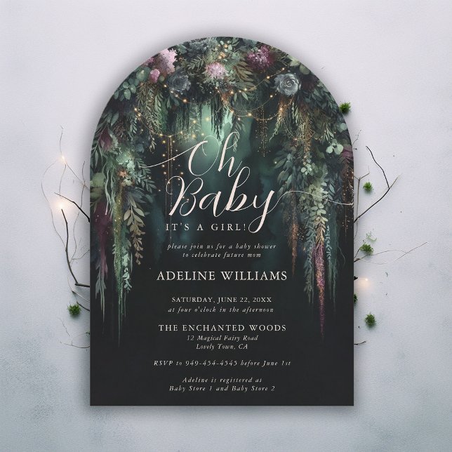 Enchanted Forest Fairy Woodland Arch Baby Shower Invitation (enchanted forest baby shower emerald green mauve purple boho arch woodland fairy tale faerie invite)